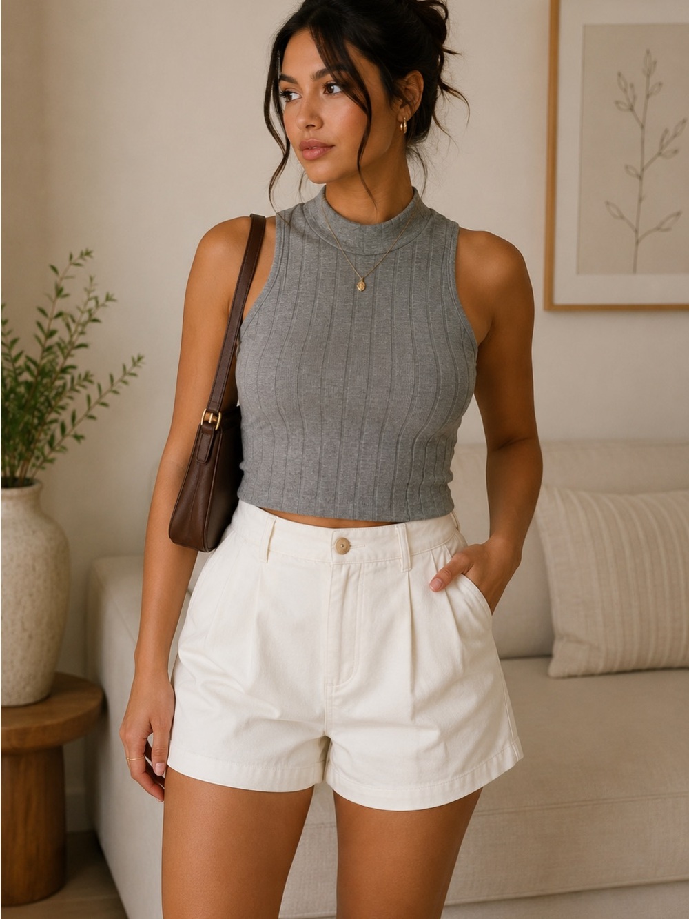 SHEIN Gray Ribbed Mock Neck Sleeveless Tank Top XS
